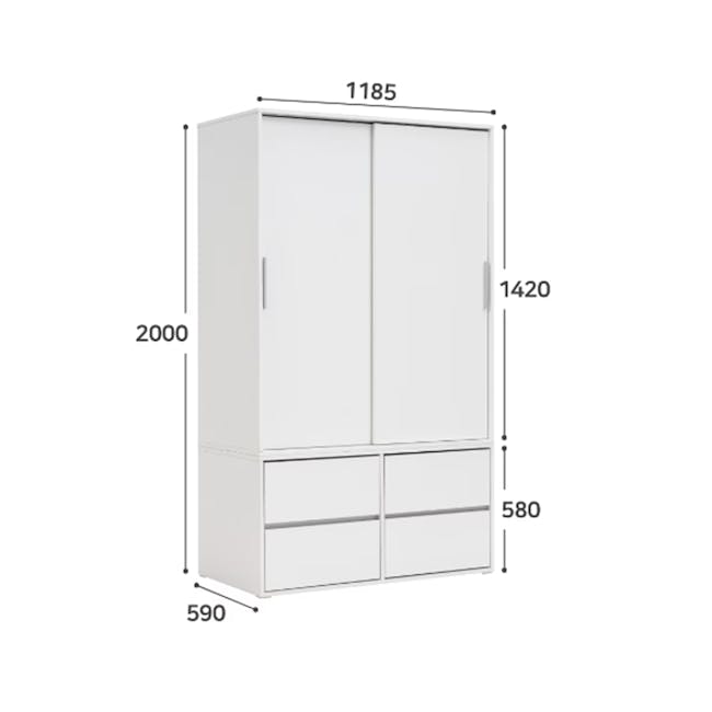 Daphne Sliding Wardrobe 1.2m - White - 4 - Compact wardrobe with dimensions 1185 x 1420 x 580, White, modern wardrobe with