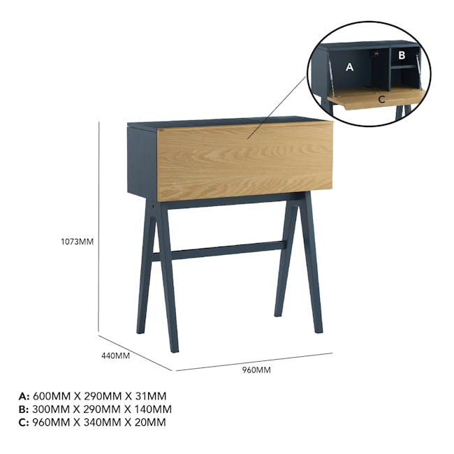Valen Study Table 0.9m - Space Blue - 9 - Sleek wooden desk with a dark finish, Adjustable height drawers, Adjustable height