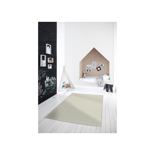 Essenza Flatwoven Rug - Grey Diamonds (3 Sizes) - 6 - Children's bedroom with modern decor, white walls and wooden floor