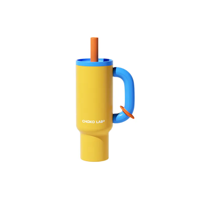 CHAKOLAB BAWANG Thermal Cup 1050ml - Pink Green - 3 - 3D model, yellow container, blue handle, orange straw, playful design