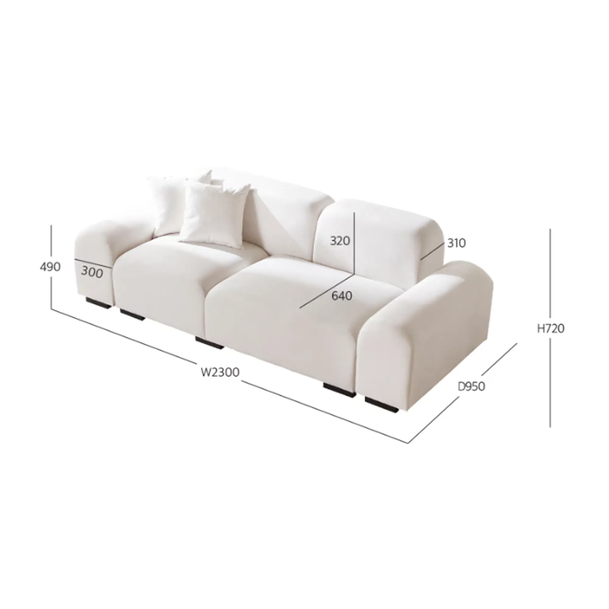 Sono 3 Seater Sofa - Ivory (Pet Friendly) - 15 - White modern sofa, 3-seater, 240 cm width, 2300 mm height, 490 mm depth