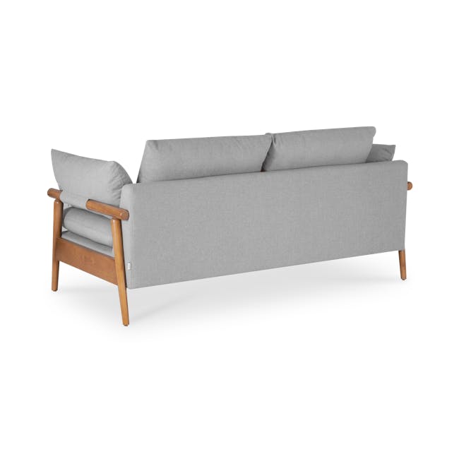 Astrid 2 Seater Sofa - Natural, Slate - 7 - Grey upholstered sofa with wooden armrests and footrests, light gray fabric
