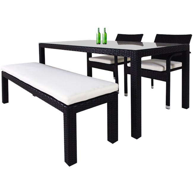 Addison 4 Pc Outdoor Dining Set - White Cushion - 1 - Woven outdoor dining table and bench set, black and white color