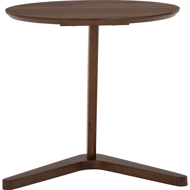 Trish Round Side Table - Walnut - 5 - Round wooden table with sleek design, dark brown finish, sturdy base, three-legged