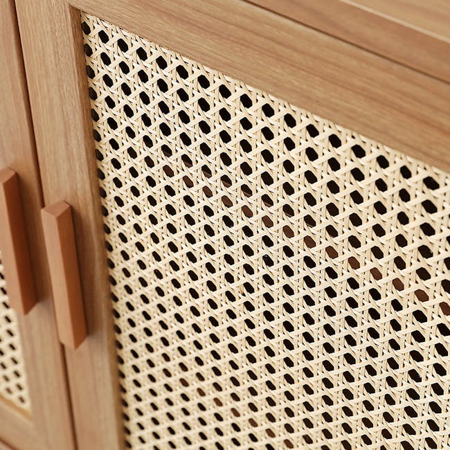 Belig Rattan Sideboard 1.3m - 13 - Wooden cabinet with intricate lattice design, beige perforated metal mesh, warm natural