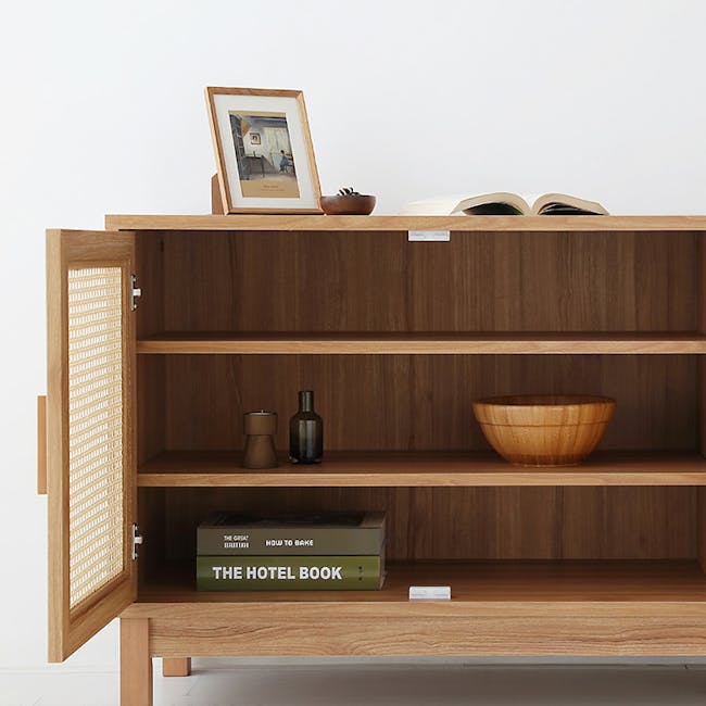 Belig Rattan Sideboard 1.3m - 9 - Wooden bookshelf, open shelf, books, "The Great Britain" and "How to Bake" by The Hotel