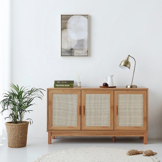 Belig Rattan Sideboard 1.3m - 3 - Wooden cabinet with woven design, minimalist decor, modern aesthetic, neutral color