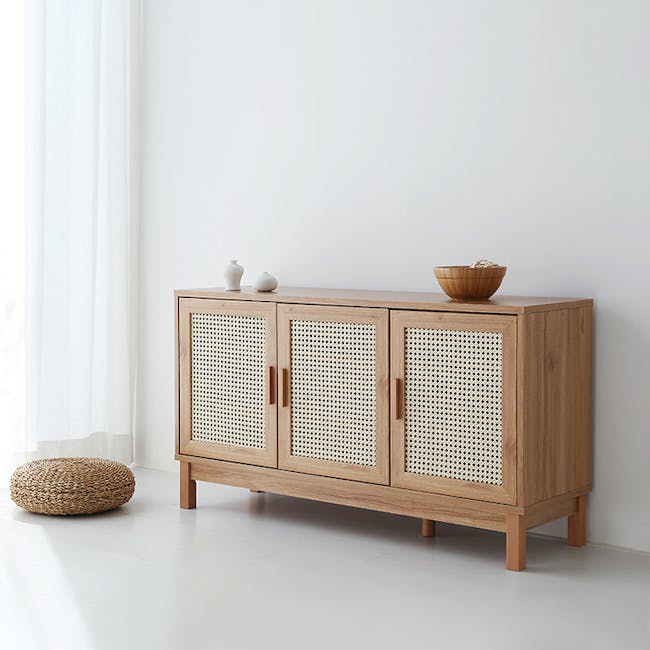 Belig Rattan Sideboard 1.3m - 6 - Light wood cabinet with woven design, minimalist decor, natural light streaming in, white