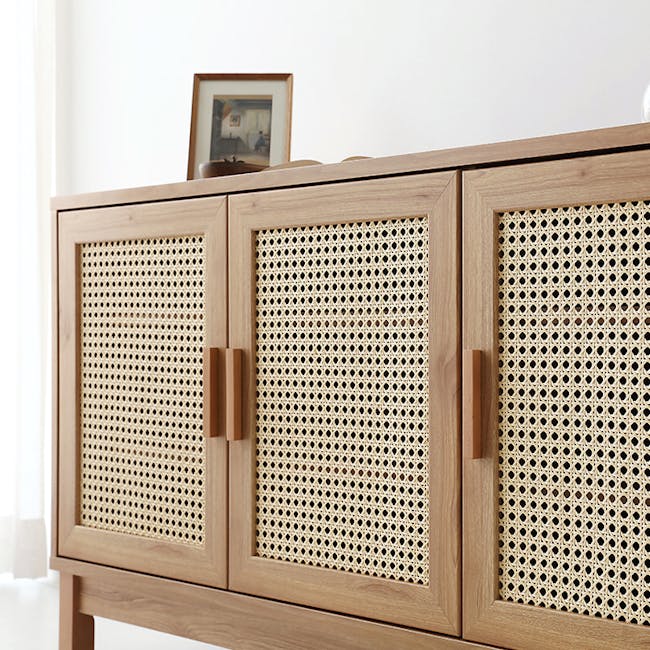 Belig Rattan Sideboard 1.3m - 8 - Wooden cabinet with intricate lattice design, light brown finish, two doors with brown