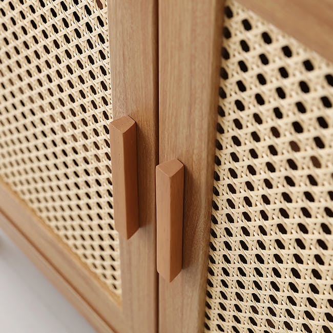 Belig Rattan Sideboard 1.3m - 14 - Wooden cabinet with intricate lattice design, two brown handles, light wooden finish