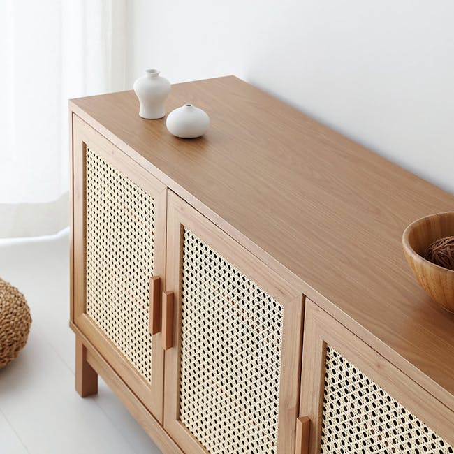Belig Rattan Sideboard 1.3m - 7 - Wooden cabinet, white vase, woven basket, natural light, minimalist design, wooden door