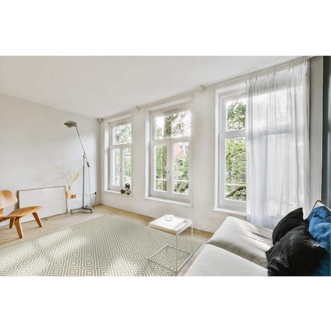 Essenza Flatwoven Rug - Grey Diamonds (3 Sizes) - 7 - Modern minimalist living room, bright natural light, large windows