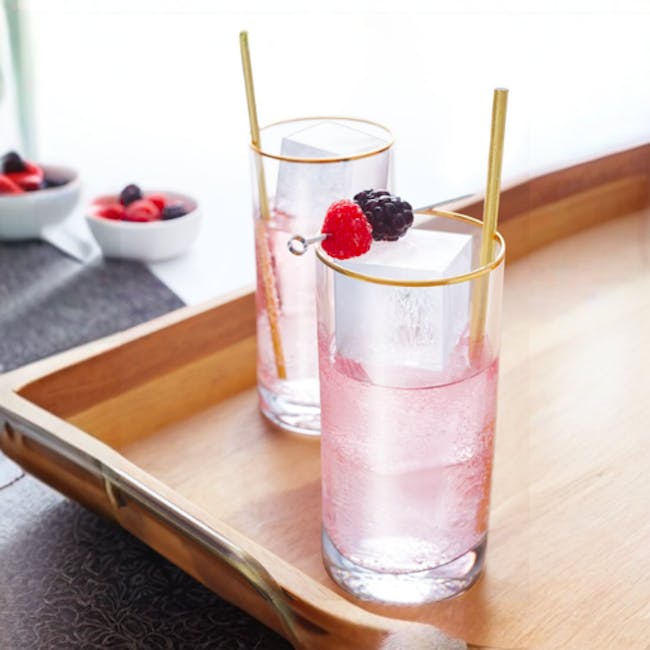 Zokua Jumbo Ice Tray (Set of 2) - 5 - Ice-filled glasses, raspberries, blackberries, wooden tray, citrus drink, ice cubes