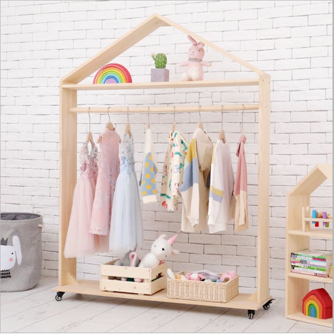 Nizu Kids House Clothes Rack with Wheels - 5 - Children's wardrobe with colorful dresses, rainbow decorations, plush toys