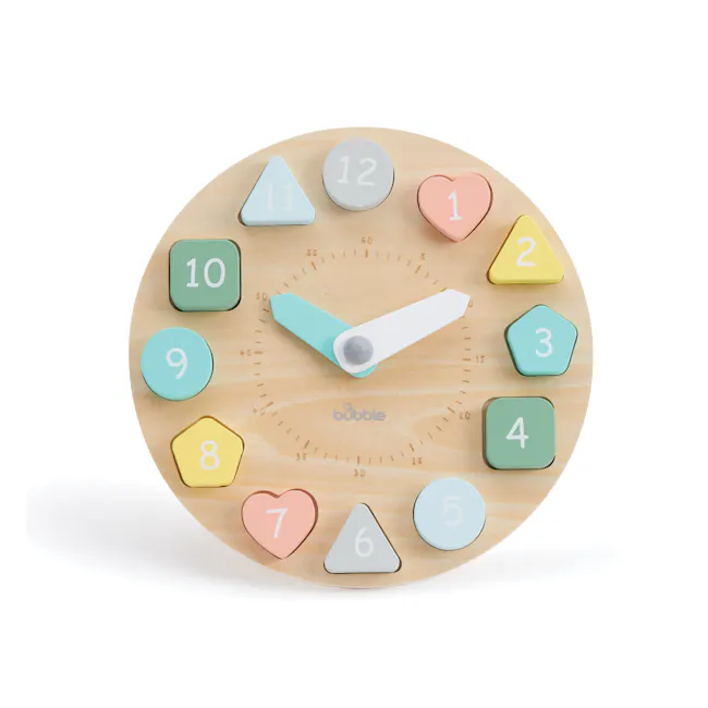 Bubble Wooden Clock with Shapes - 1 - Wooden clock with colorful geometric shapes, Child-friendly clock with playful
