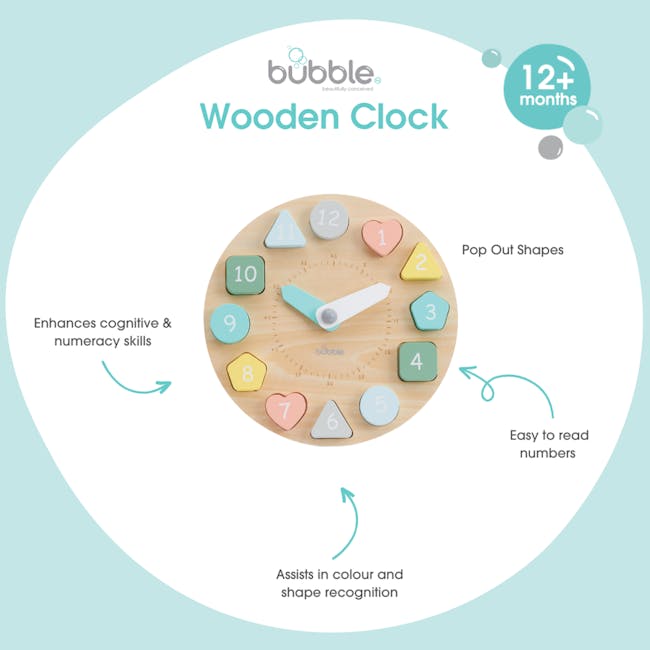 Bubble Wooden Clock with Shapes - 3 - Enhances cognitive & numeracy skills, Pop Out Shapes, Easy to read numbers, Assists in