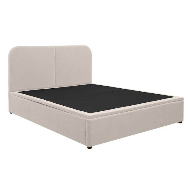 Nolan King Storage Bed - Oatmeal - 4 - Modern minimalist bed frame, beige upholstered headboard, black mattress, clean and