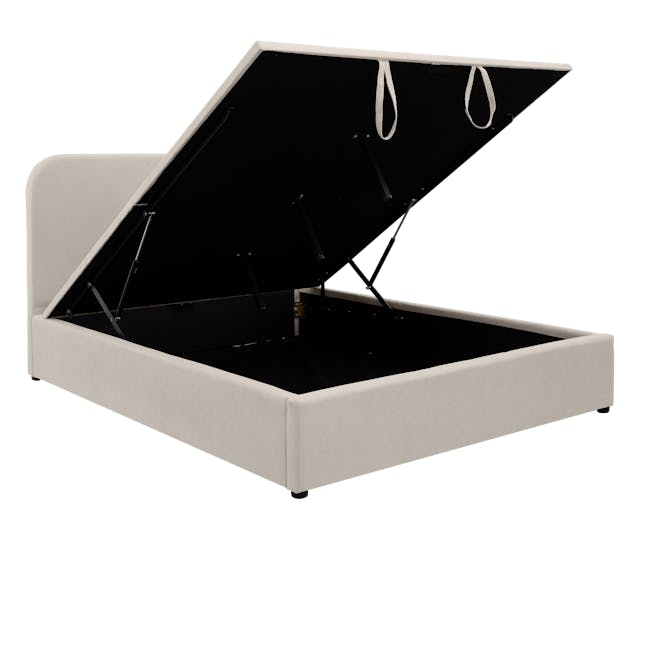 Nolan King Storage Bed - Oatmeal - 5 - Modern minimalist sofa, black storage drawer, beige upholstered seat, open storage