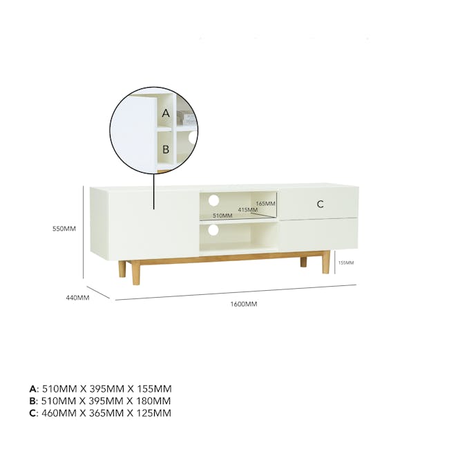 (As-Is) Aalto TV Cabinet 1.6m - White, Natural - 14 - 20 - Dimensions A, B, and C, cabinet structure, shelf compartments