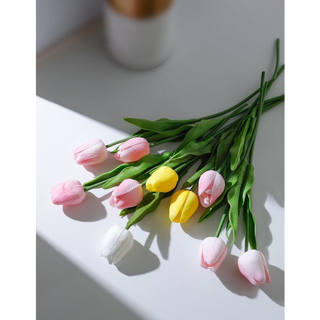 Faux Tulips with Clear Glass Vase - White, Yellow - 4