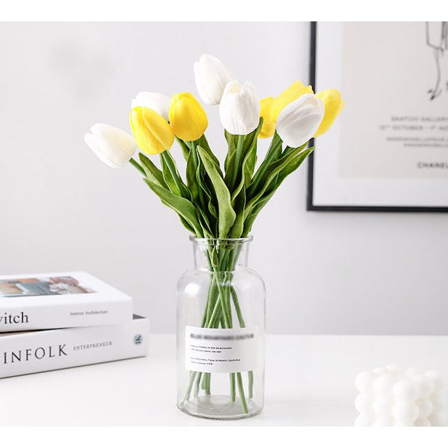Faux Tulips with Clear Glass Vase - White, Yellow - 1