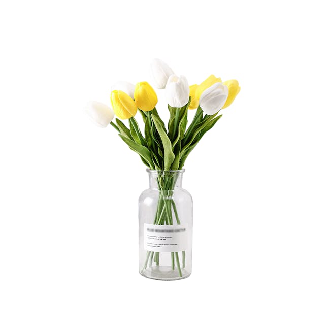 Faux Tulips with Clear Glass Vase - White, Yellow - 0