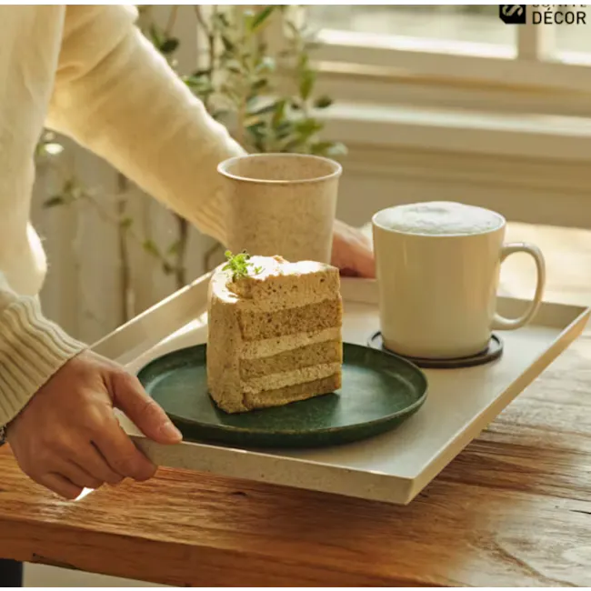 Sonite Husk Side Plate 15cm - Shadow Oak - 4 - sleek tray, layered cake, white mug, green plate, rustic wooden table, cozy