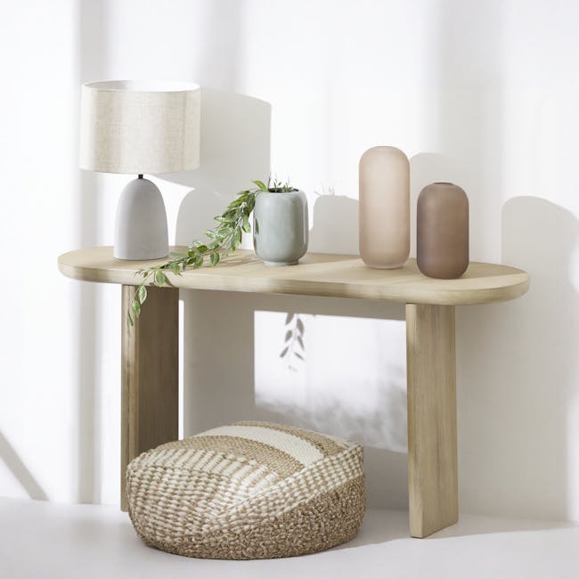 Catania Console Table 1.2m - 2 - Light fixture, beige lampshade, wooden table, minimalist decor, green plant, natural light