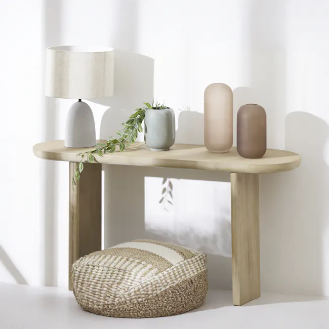 Catania Console Table 1.2m - 2 - Light fixture, beige lampshade, wooden table, minimalist decor, green plant, natural light