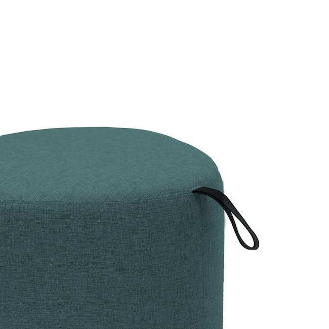 Poole Ottoman - Aegen (2 Sizes) - 3 - Teal upholstered ottoman, textured fabric, round shape, black strap, minimalist