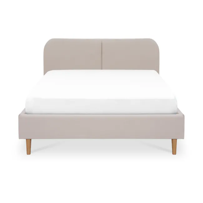 Nolan Queen Bed in Oatmeal with 2 Miah Bedside Table in White - 3 - Modern minimalist bed with beige upholstered headboard