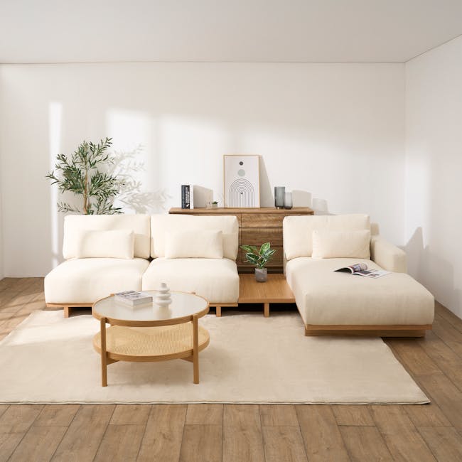 Miu Right Chaise Lounge - 4 - Minimalist living room, modern furniture, white walls, cozy seating, natural light, wooden