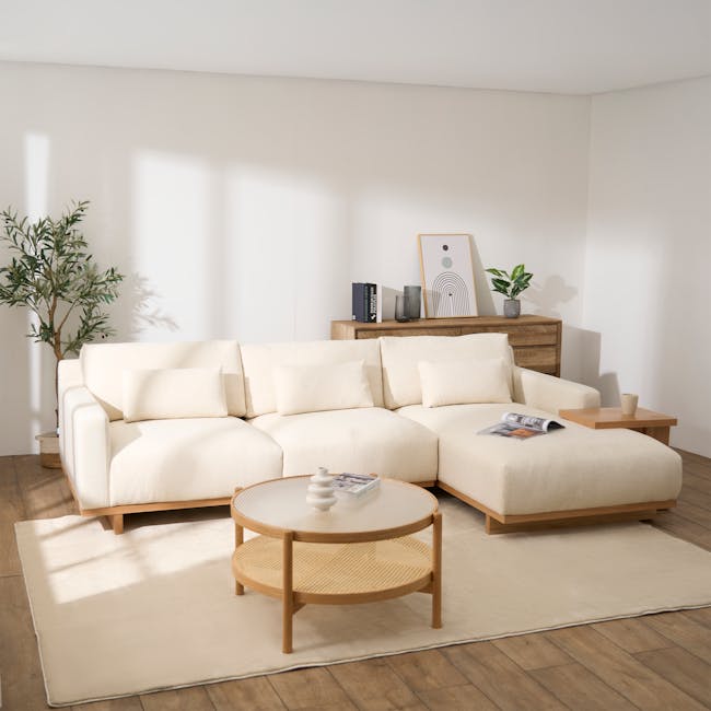 Miu Right Chaise Lounge - 9 - Minimalist living room, modern furniture, neutral color palette, cozy atmosphere, white sofa