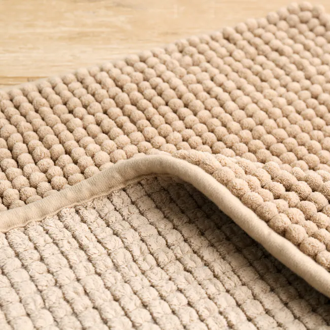 Cora Chenille Bath Mat - Camel - 4 - Cream-colored, plush, textured rug, close-up view, soft, fluffy, cylindrical fibers