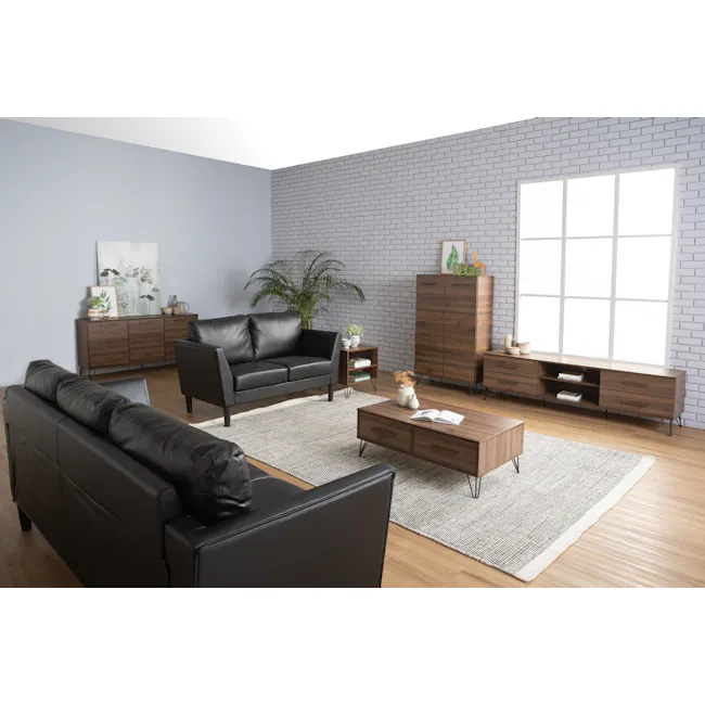 Sandra Sideboard 1.5m - Walnut - 4 - Modern living room with black leather sofa, gray brick wall, wooden coffee table, large