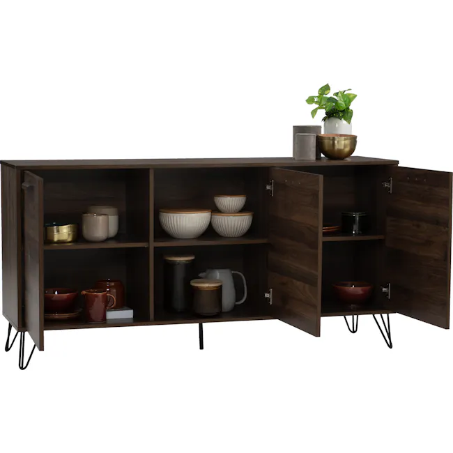 Sandra Sideboard 1.5m - Walnut - 2 - Wooden cabinet with open doors, various ceramic and metal bowls, cups, and mugs, dark