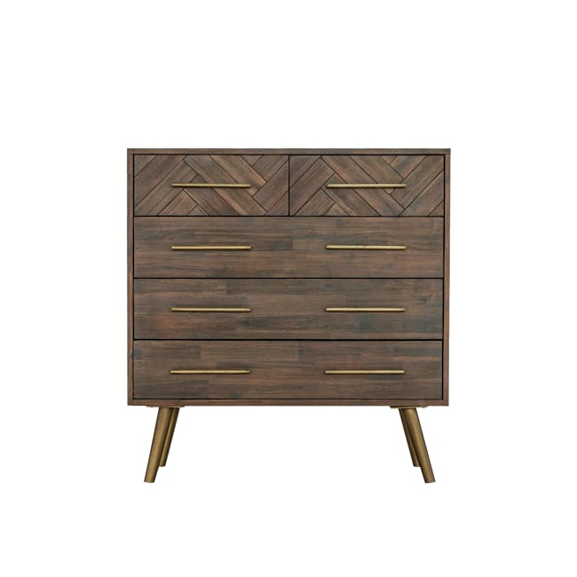 Cadencia 5 Drawer Chest 1m - 7 - Wooden dresser with geometric herringbone pattern, gold handles, three drawers, minimalist