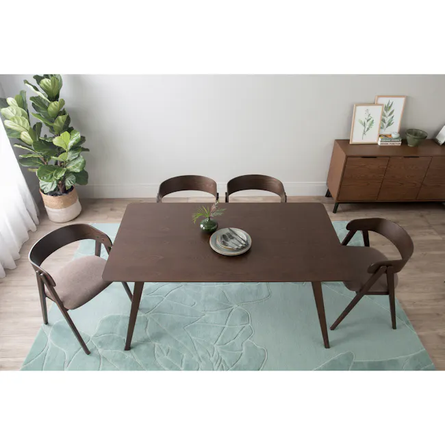 Cadell Dining Table 1.6m - Dark Chestnut - 2 - Modern dining room with wooden table and chairs, light blue rug, large green