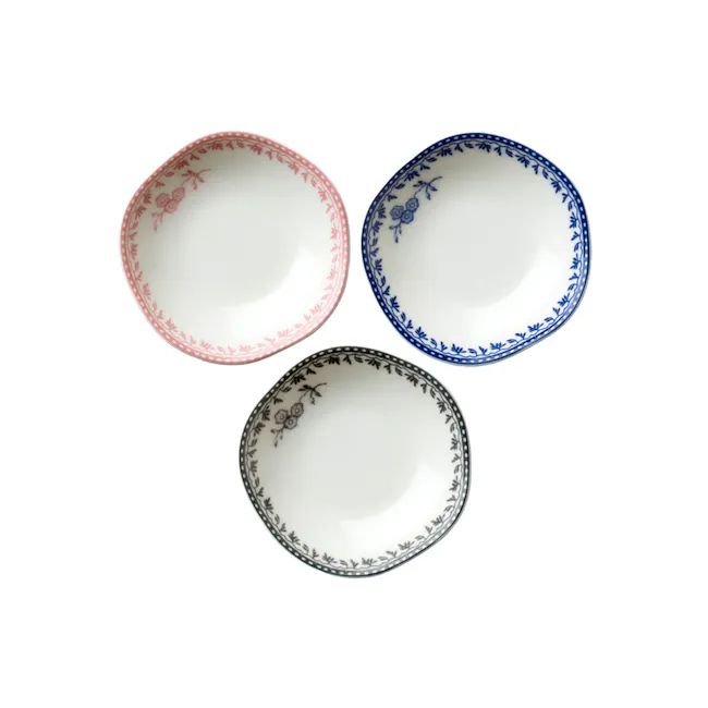 Luzerne Lancaster Garden Dish 8cm - Grey - 4 - Red and blue patterned plates, white plate with floral design, black and