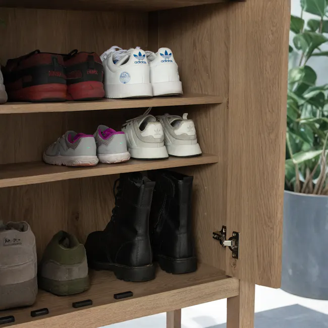 Rhodes Shoe Cabinet - 11 - Adidas sneakers, wooden shoe cabinet, organized shoes, black and white sneakers, gray and pink