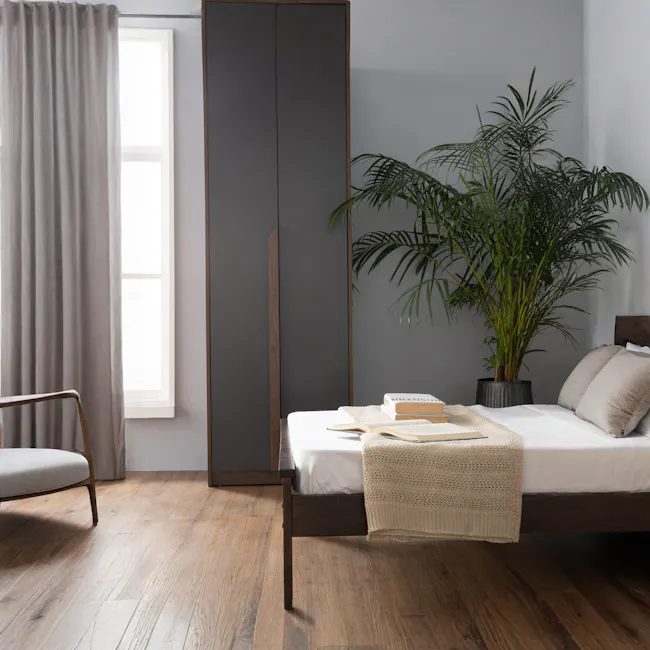 Miah 2 Door Wardrobe - Walnut, Grey - 3 - Dark wooden wardrobe, minimalist design, modern aesthetic, large window, natural