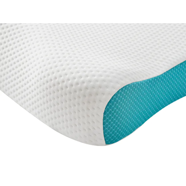 LEVITATE Contour Memory Foam Pillow - 8 - White textured mattress cover, teal mesh fabric, soft bedding, ergonomic design