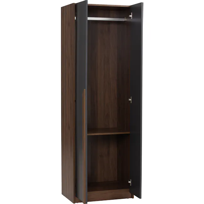 Miah 2 Door Wardrobe - Walnut, Grey - 5 - Wooden cabinet with open doors, dark wood interior, metal handle, slim design
