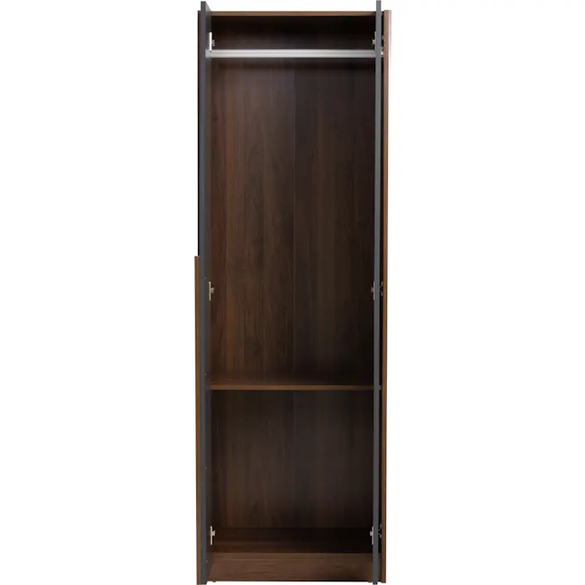 Miah 2 Door Wardrobe - Walnut, Grey - 6 - Wooden shelf with metal hinges, minimalist design, dark wood finish, open shelving