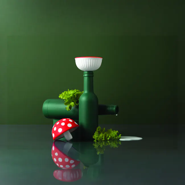 OTOTO Funnel - Magic Mushroom - 5 - Green bottle, red polka dot mushroom, green bottle cap, green bottle, green bottle neck