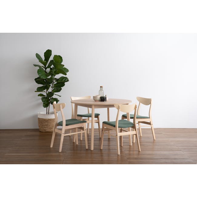 Sergio Round Dining Table 1m in Milk Oak with 2 Macy Dining Chairs in Green - 1