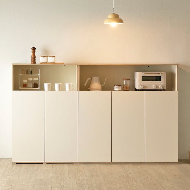 Arison Modular Cabinet 1.2m - 4 - White kitchen cabinets, minimalist design, integrated shelving, pendant lighting, modern