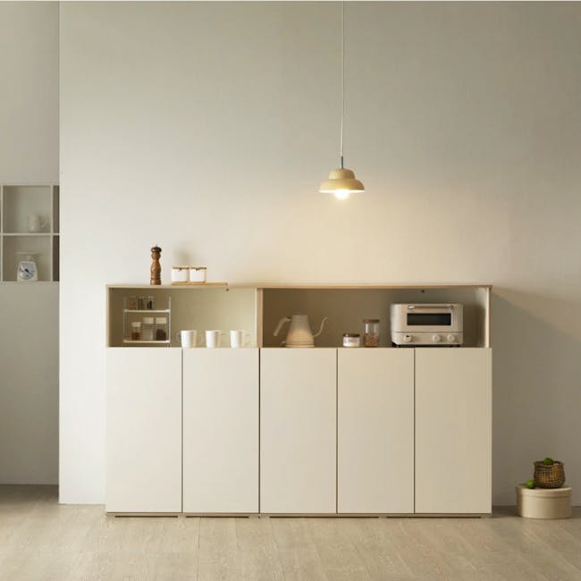Arison Modular Cabinet 1.2m - 2 - Minimalist kitchen, modern cabinetry, white color scheme, open shelving, coffee maker, tea