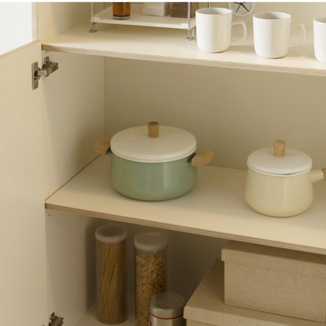 Arison Modular Cabinet 1.2m - 7 - Cabinet with open shelves, green pot with wooden handles, cream pot with wooden handles