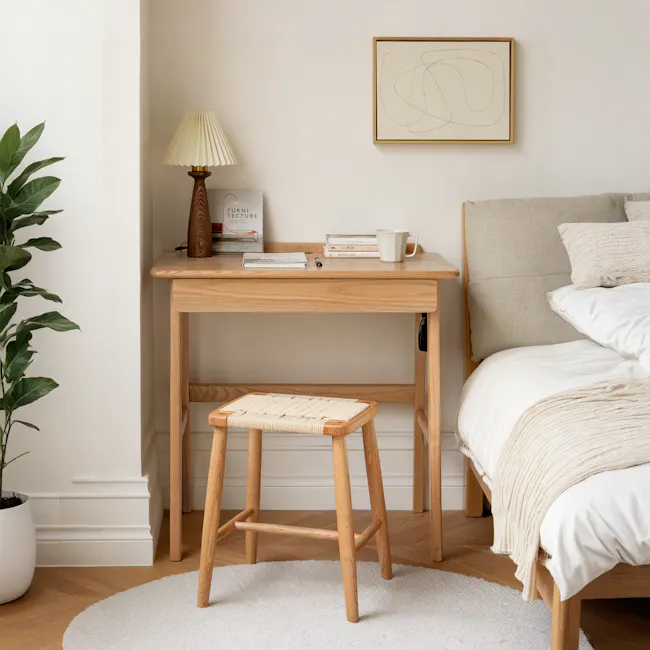 Chase Study Table 0.7m - 10 - Wooden desk, beige lamp, abstract art, minimalist design, natural wood finish, wooden stool